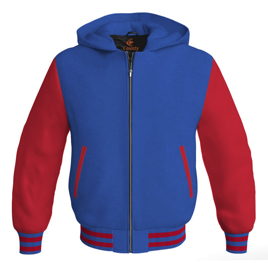 Letterman Bomber Hoodie Jacket Royal Blue Body Red Leather Sleeves