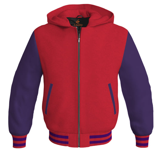 Letterman Bomber Hoodie Jacket Red Body Purple Leather Sleeves