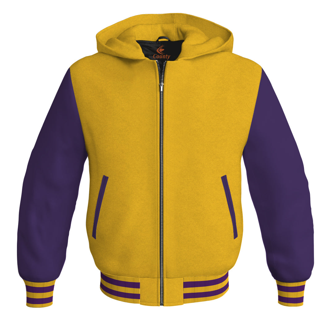 Letterman Hoodie Yellow/Gold Body and Purple Leather Sleeves Varsity Hoodie