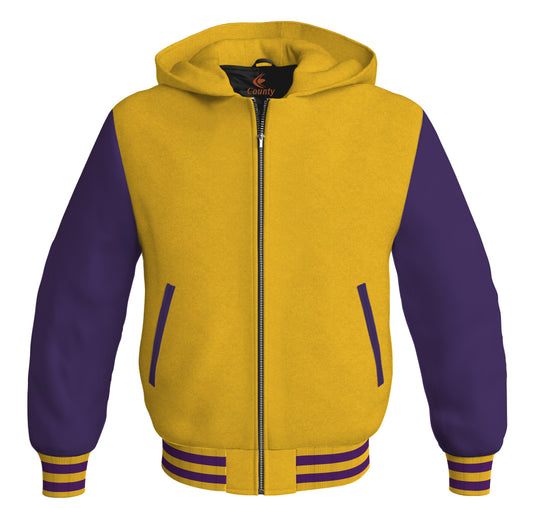 Letterman Bomber Hoodie Jacket Yellow/Gold Body Purple Leather Sleeves