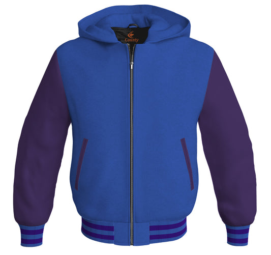 Letterman Bomber Hoodie Jacket Royal Blue Body Purple Leather Sleeves
