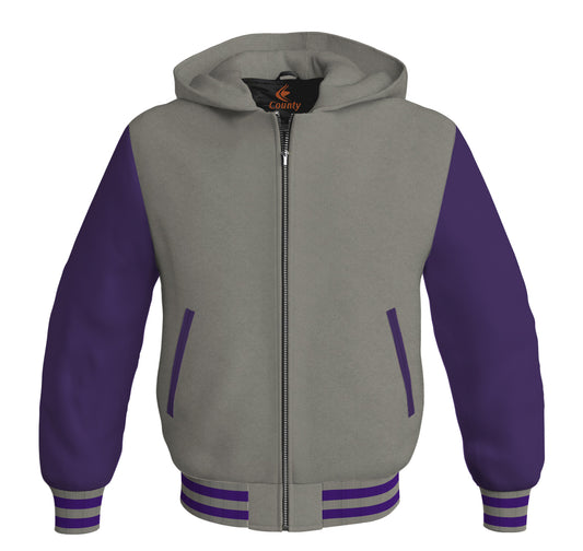 Letterman Bomber Hoodie Jacket Gray Body Purple Leather Sleeves