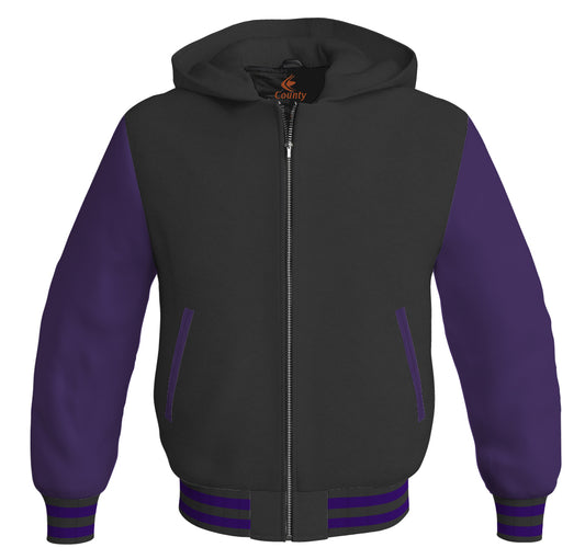 Letterman Bomber Hoodie Jacket Black Body Purple Leather Sleeves