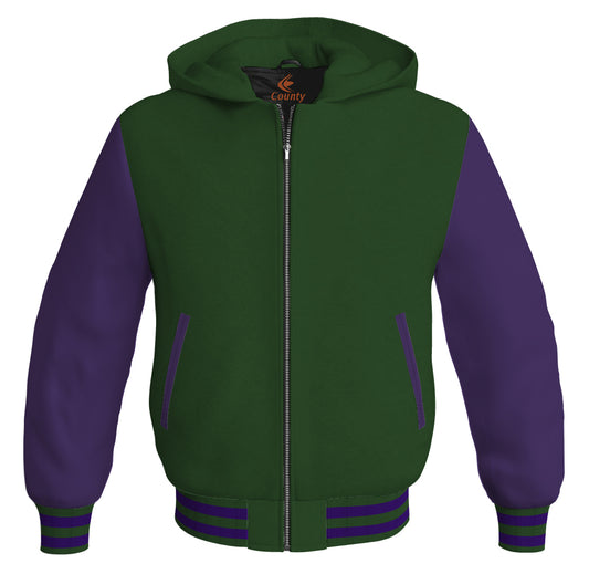 Letterman Bomber Hoodie Jacket Forest Green Body Purple Leather Sleeves