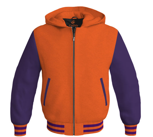 Letterman Bomber Hoodie Jacket Orange Body Purple Leather Sleeves