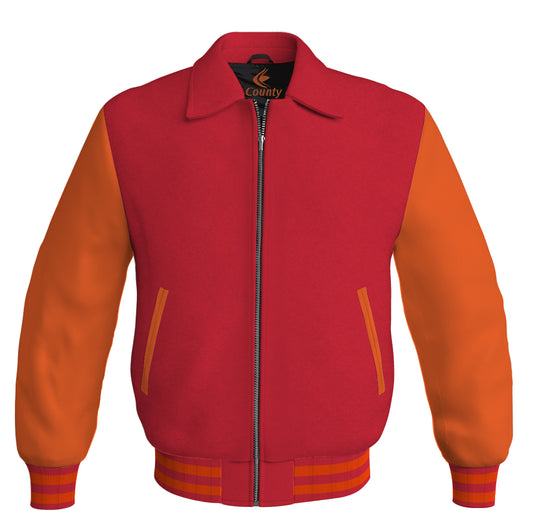 Luxury Bomber Classic Jacket Red Body and Orange Leather Sleeves
