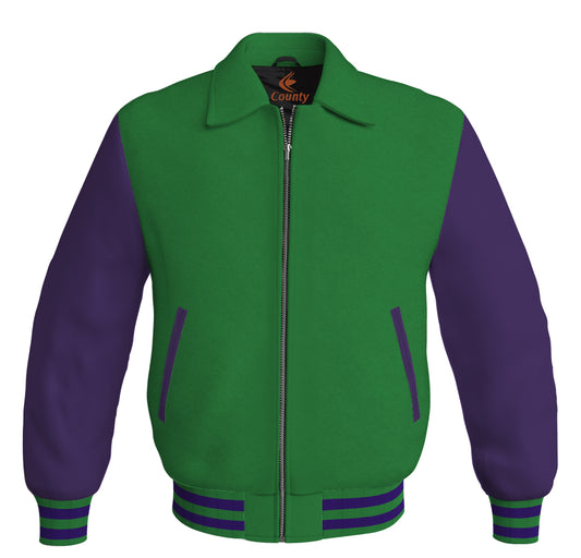Bomber Classic Jacket Green Body and Purple Leather Sleeves