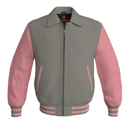Bomber Classic Jacket Gray Body and Pink Leather Sleeves