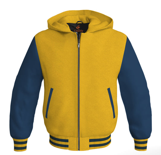 Letterman Bomber Hoodie Jacket Yellow/Gold Body Navy Blue Leather Sleeves