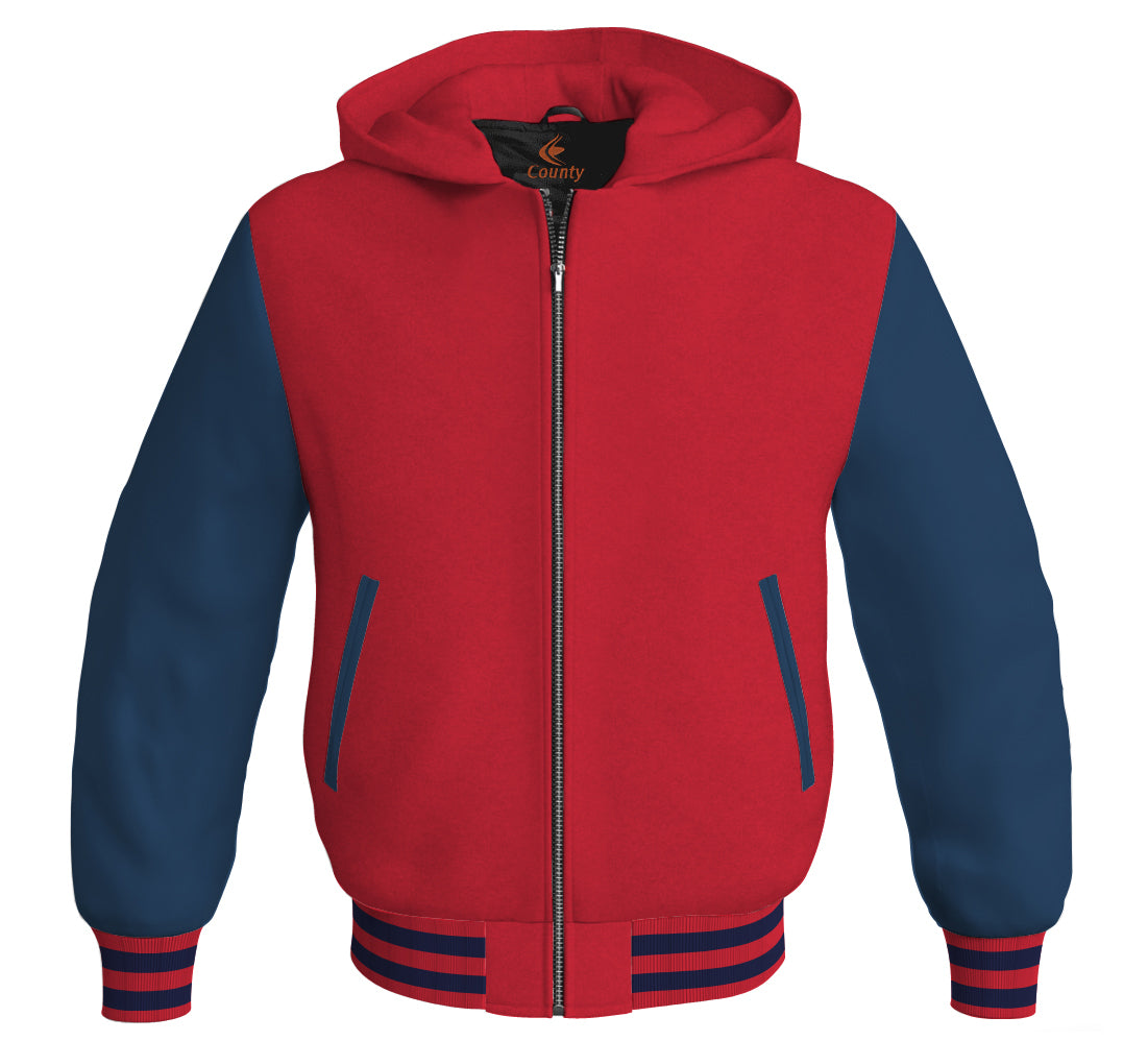 Letterman Hoodie Red Body and Navy Blue Leather Sleeves Varsity Hoodie