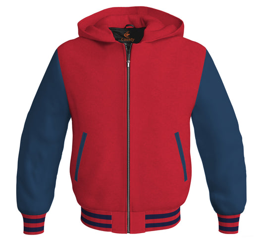 Letterman Bomber Hoodie Jacket Red Body Navy Blue Leather Sleeves