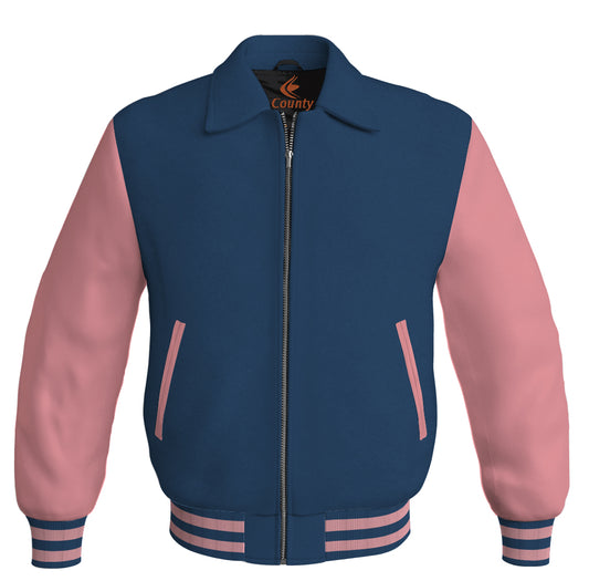 Luxury Bomber Classic Jacket Navy Blue Body and Pink Leather Sleeves