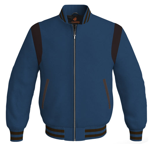 Letterman Baseball Bomber Retro Jacket Navy Blue Body Brown Leather Inserts