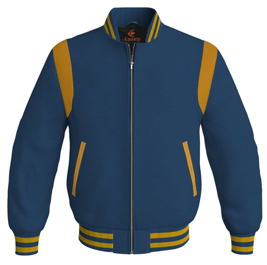 Letterman Baseball Bomber Retro Jacket Navy Blue Body Golden Leather Inserts