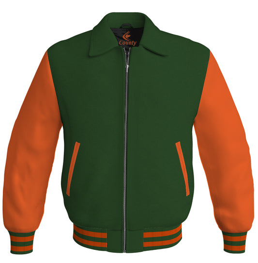 Luxury Bomber Classic Jacket Forest Green Body and Orange Leather Sleeves