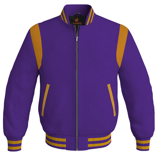 Letterman Baseball Bomber Retro Jacket Purple Body Golden Leather Inserts