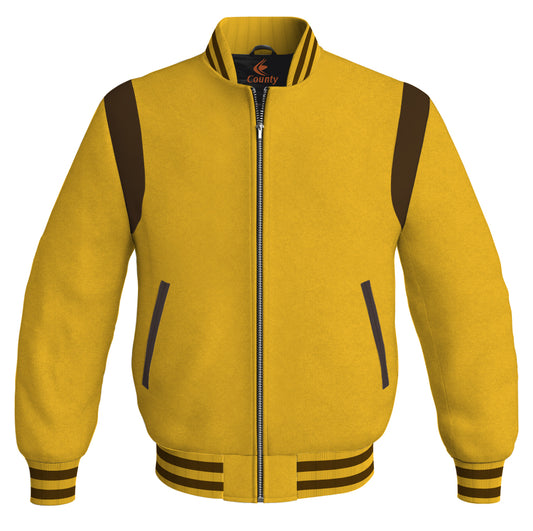 Letterman Baseball Bomber Retro Jacket Yellow/Gold Body Brown Leather Inserts
