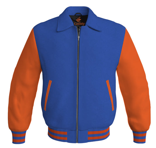 Luxury Bomber Classic Jacket Royal Blue Body and Orange Leather Sleeves