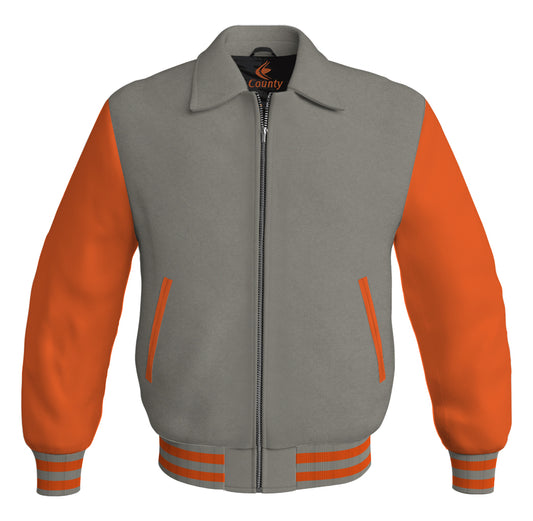 Luxury Bomber Classic Jacket Gray Body and Orange Leather Sleeves