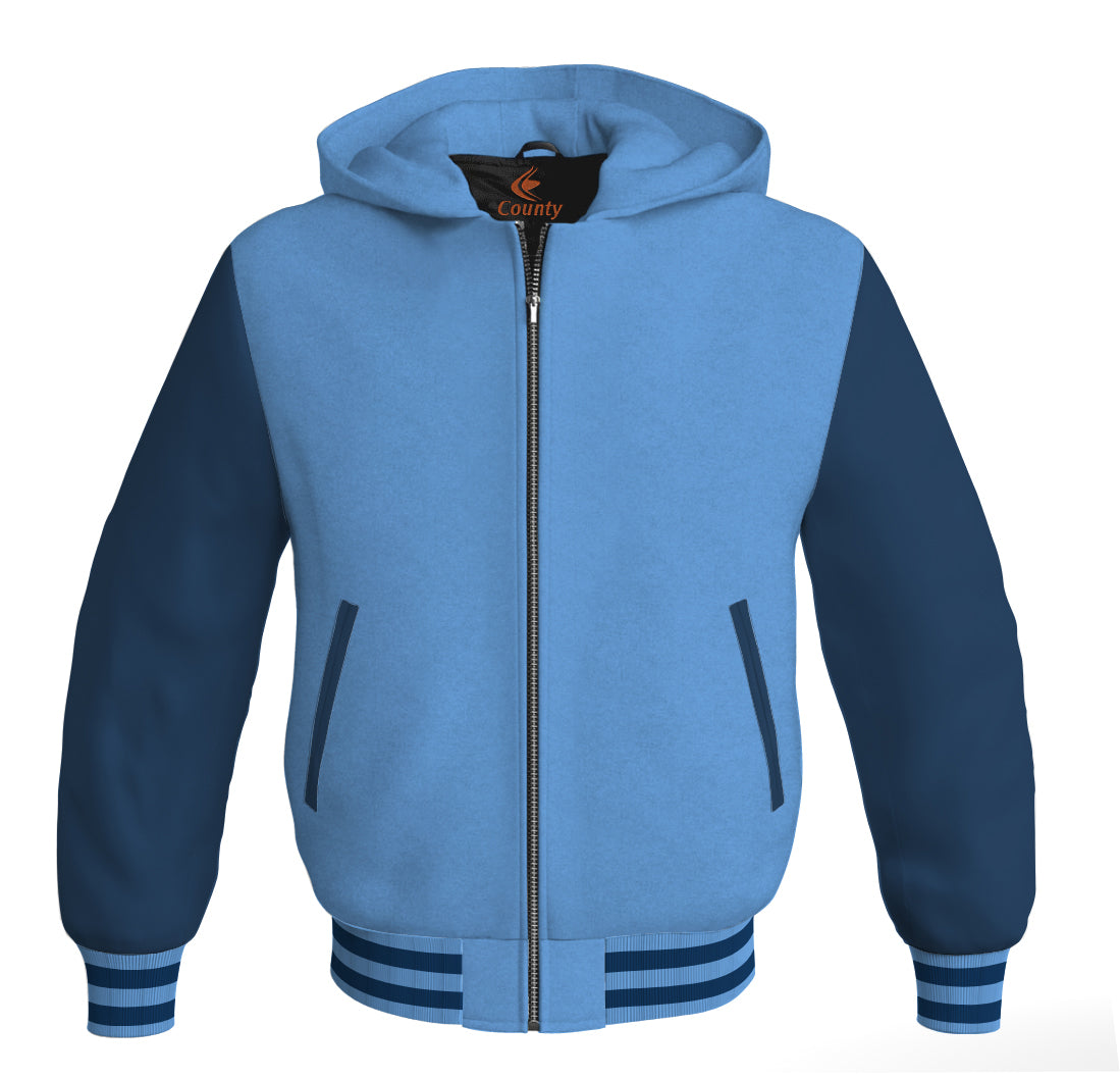 Letterman Hoodie Sky Blue Body and Navy Blue Leather Sleeves Varsity Hoodie