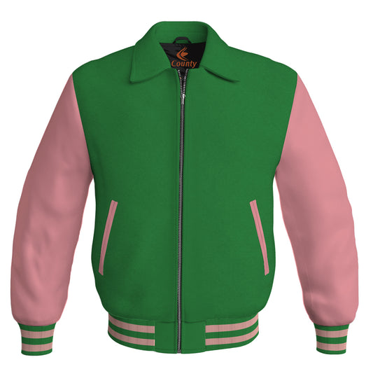Bomber Classic Jacket Green Body and Pink Leather Sleeves