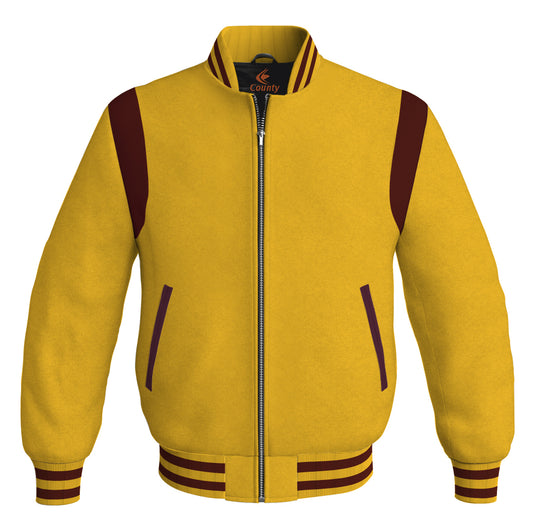 Letterman Baseball Bomber Retro Jacket Yellow/Gold Body Maroon Leather Inserts