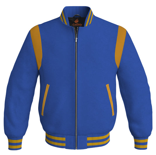 Letterman Baseball Bomber Retro Jacket Royal Blue Body Golden Leather Inserts