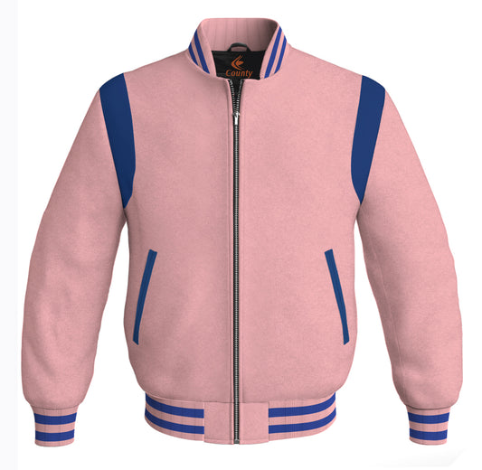 Letterman Baseball Bomber Retro Jacket Pink Body Blue Leather Inserts
