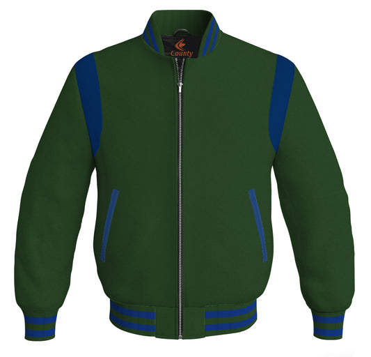 Letterman Baseball Bomber Retro Jacket Forest Green Body Blue Leather Inserts
