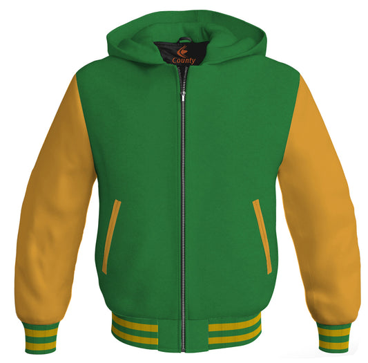 Letterman Bomber Hoodie Jacket Green Body Gold Leather Sleeves