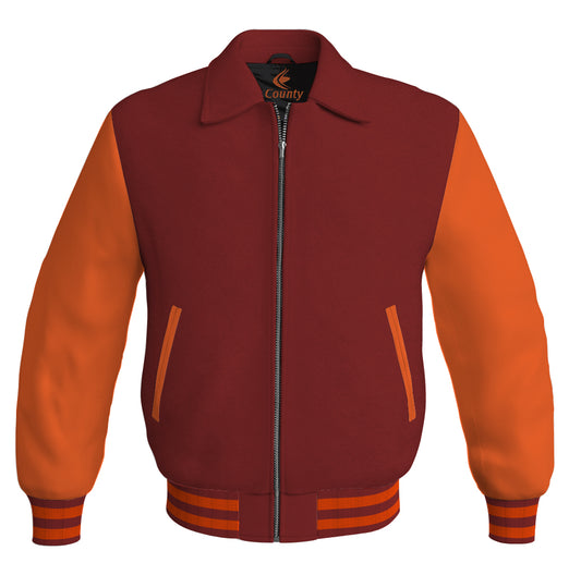 Luxury Bomber Classic Jacket Maroon Body and Orange Leather Sleeves