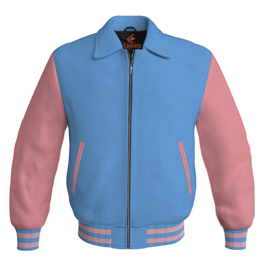 Bomber Classic Jacket Sky Blue Body and Pink Leather Sleeves