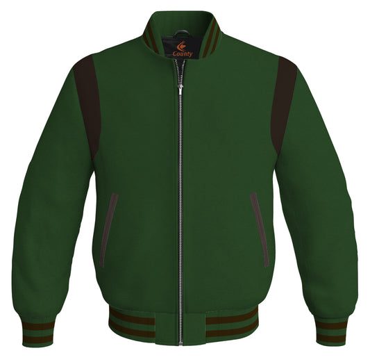 Letterman Baseball Bomber Retro Jacket Forest Green Body Brown Leather Inserts