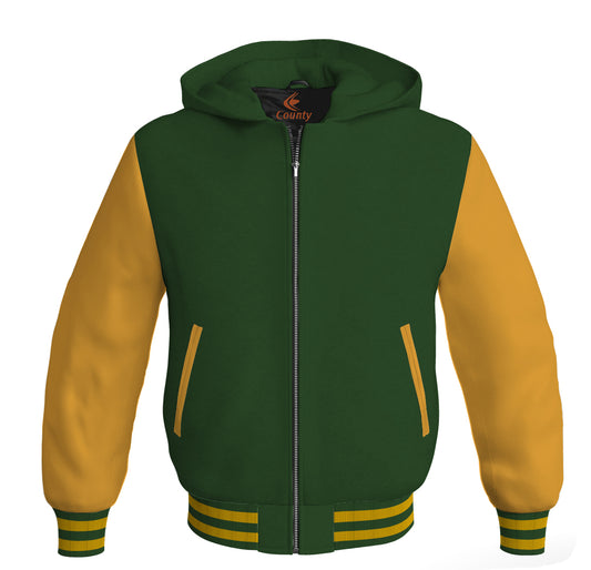 Letterman Bomber Hoodie Jacket Forest Green Body Gold Leather Sleeves