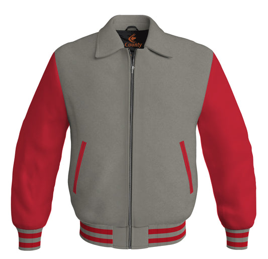 Bomber Classic Jacket Gray Body and Red Leather Sleeves