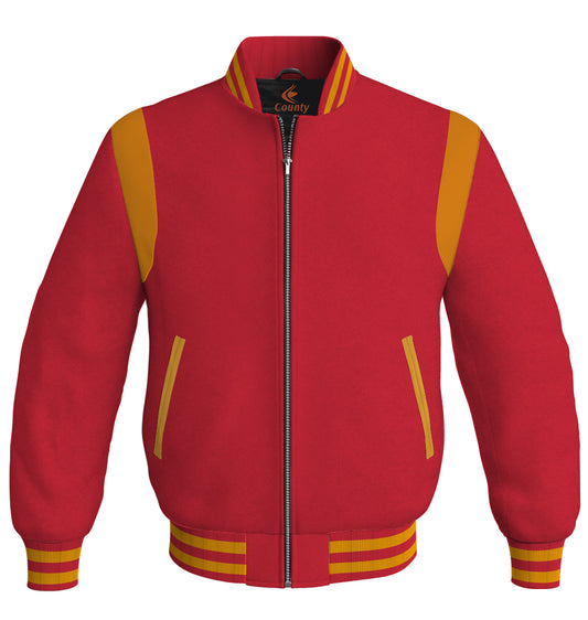 Letterman Baseball Bomber Retro Jacket Red Body Golden Leather Inserts