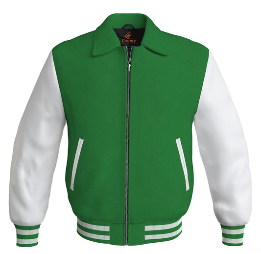Luxury Bomber Classic Jacket Green Body and White Leather Sleeves