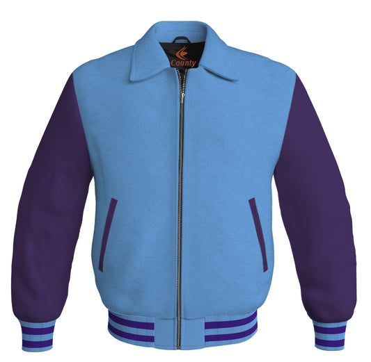 Bomber Classic Jacket Sky Blue Body and Purple Leather Sleeves