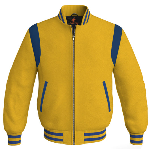 Letterman Baseball Bomber Retro Jacket Yellow/Gold Body Blue Leather Inserts