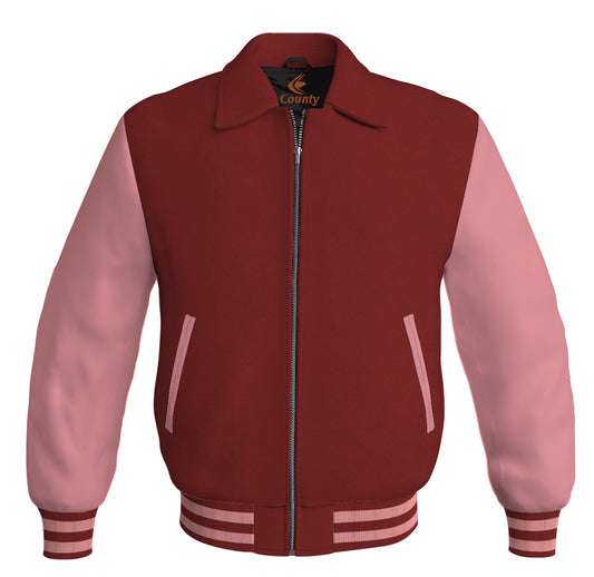 Bomber Classic Jacket Maroon Body and Pink Leather Sleeves