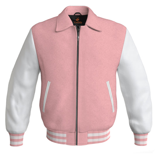 Luxury Bomber Classic Jacket Pink Body and White Leather Sleeves
