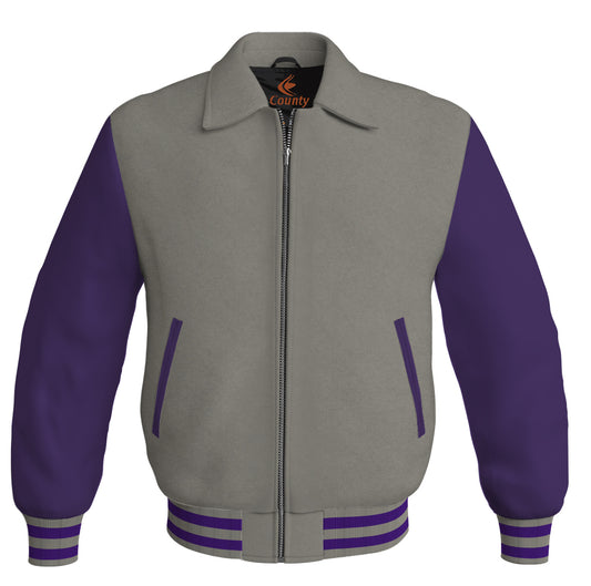Bomber Classic Jacket Gray Body and Purple Leather Sleeves