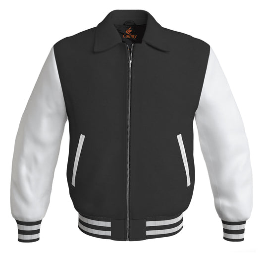 Luxury Bomber Classic Jacket Black Body and White Leather Sleeves