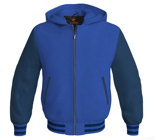 Letterman Bomber Hoodie Jacket Royal Blue Body Navy Blue Leather Sleeves