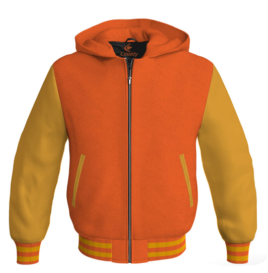 Letterman Bomber Hoodie Jacket Orange Body Gold Leather Sleeves
