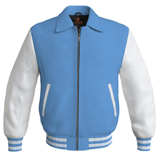 Luxury Bomber Classic Jacket Sky Blue Body and White Leather Sleeves