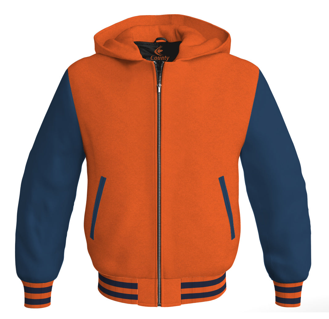 Letterman Hoodie Orange Body and Navy Blue Leather Sleeves Varsity Hoodie