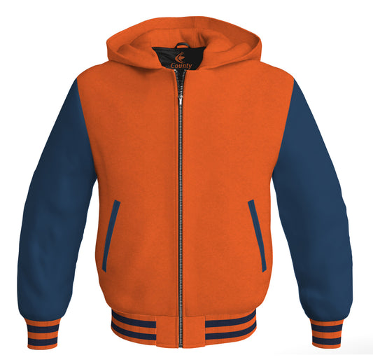 Letterman Bomber Hoodie Jacket Orange Body Navy Blue Leather Sleeves