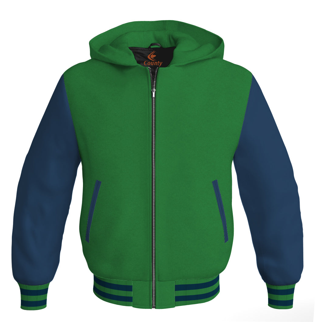 Letterman Hoodie Green Body and Navy Blue Leather Sleeves Varsity Hoodie