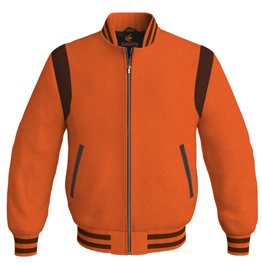 Letterman Baseball Bomber Retro Jacket Orange Body Brown Leather Inserts